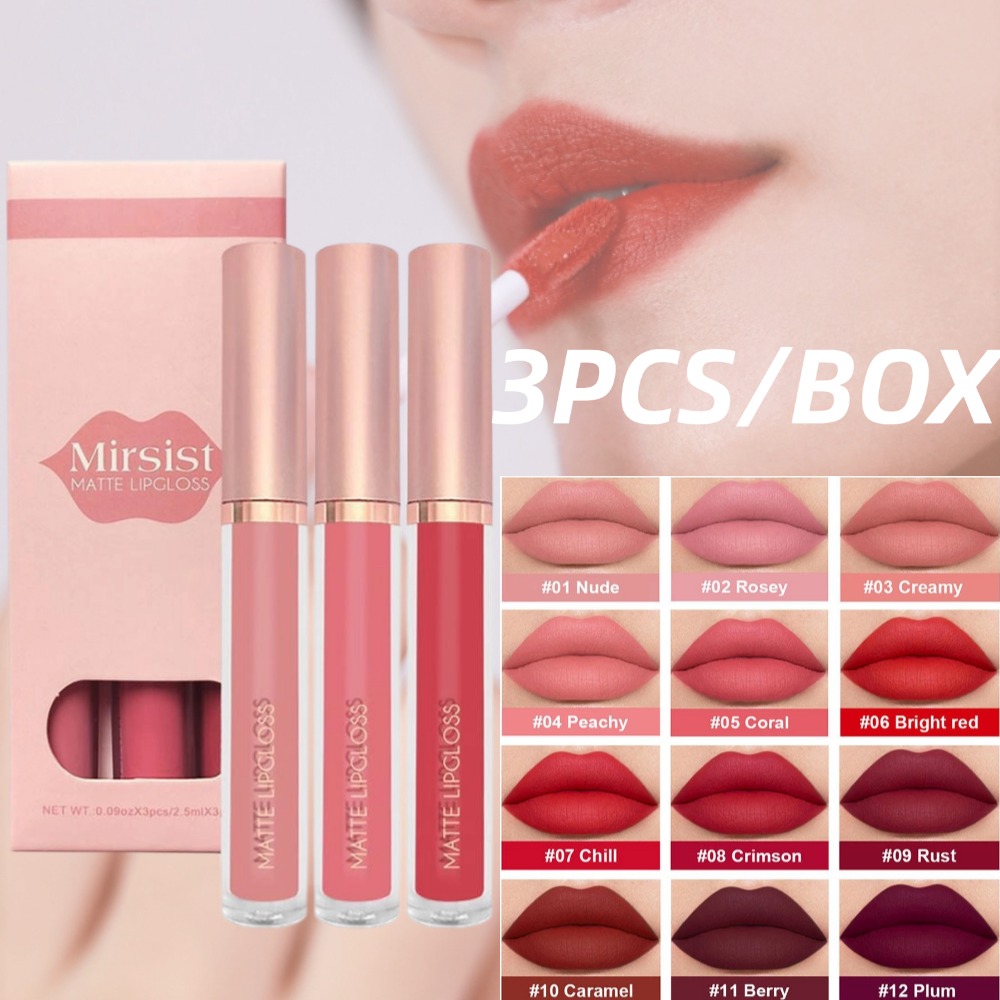 Matte Velvet Lip Tint Long Lasting - 3 unids/set brillo de labios desnudo