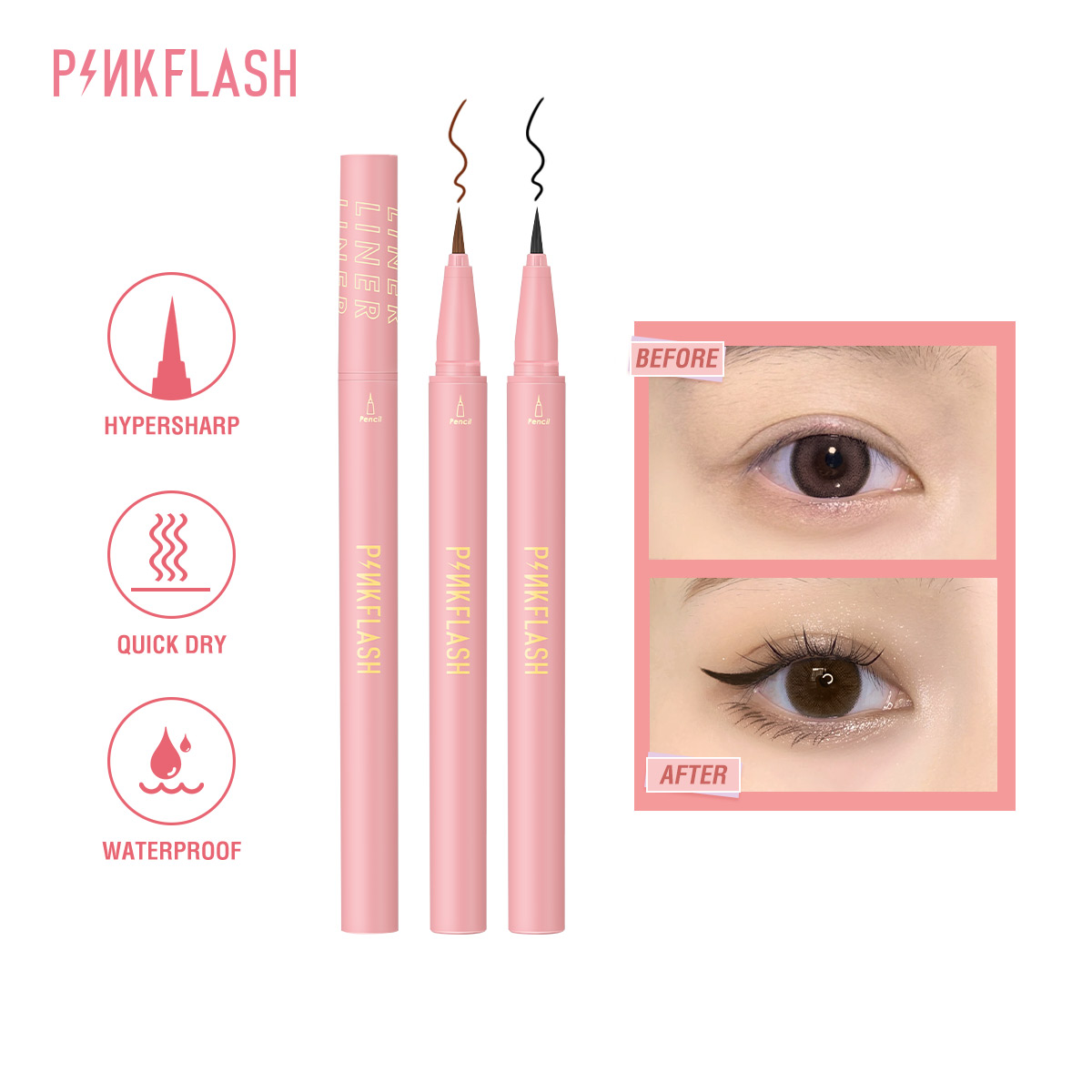 Waterproof Liquid Eyeliner Pen - PINKFLASH-Lápiz Delineador de ojos líquido negro,